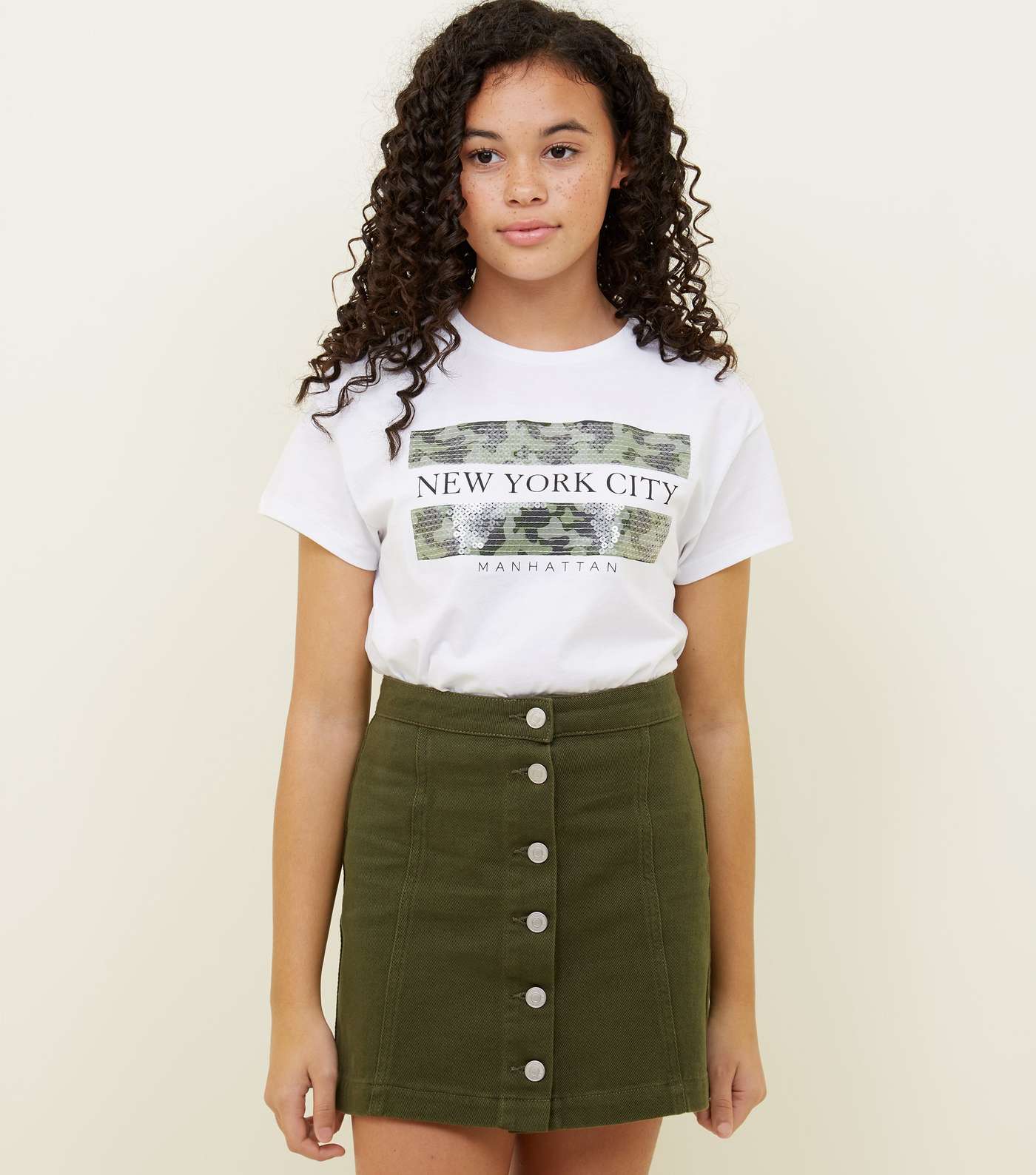 Girls Khaki Denim Button Front Skirt 