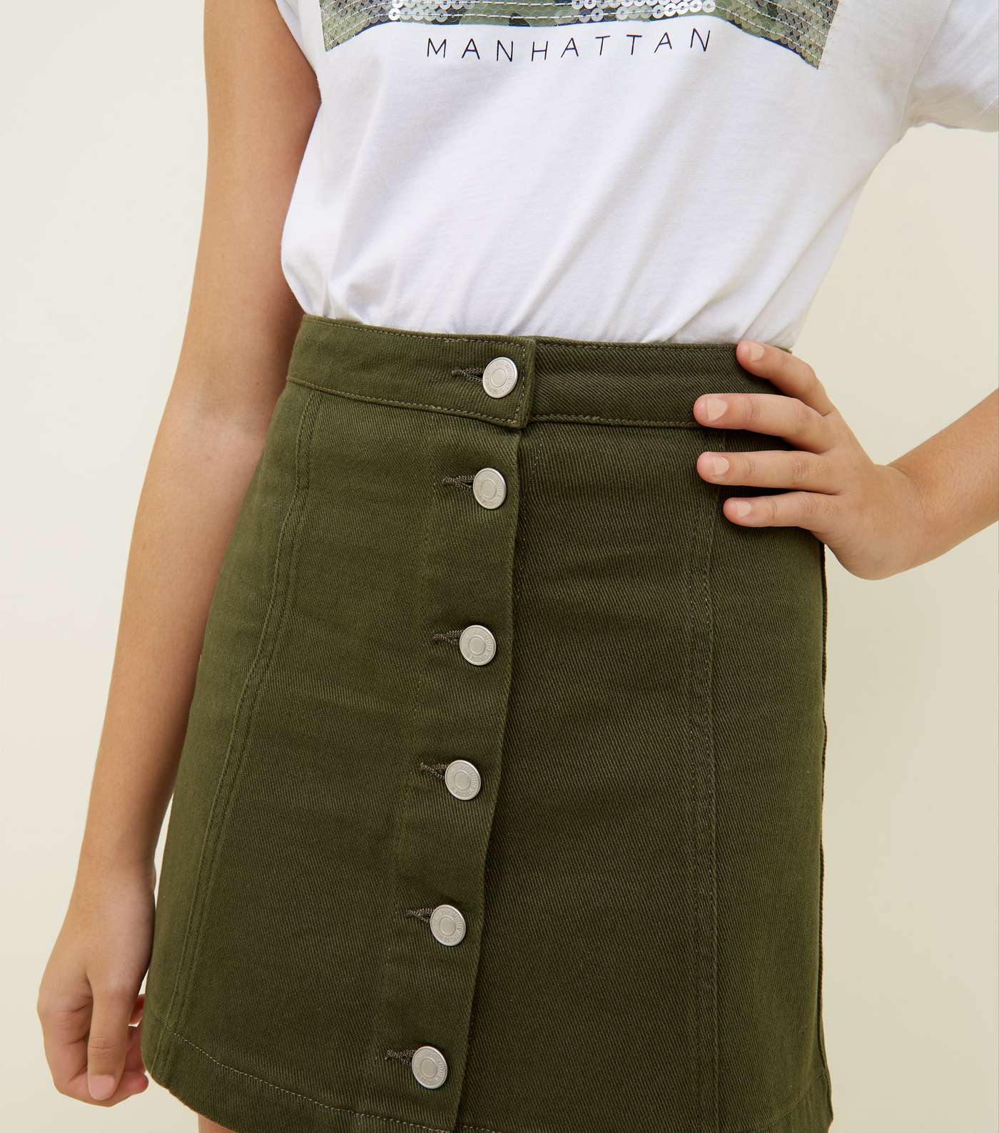 Girls Khaki Denim Button Front Skirt  Image 3