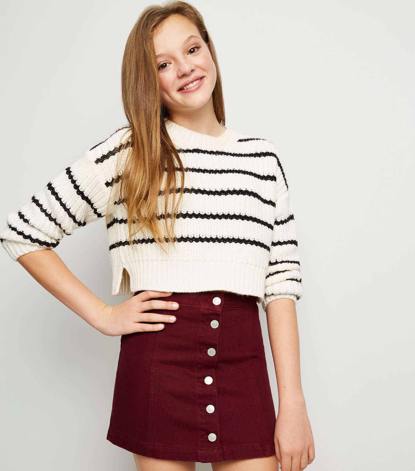 Girls Burgundy Denim Button Front Skirt 