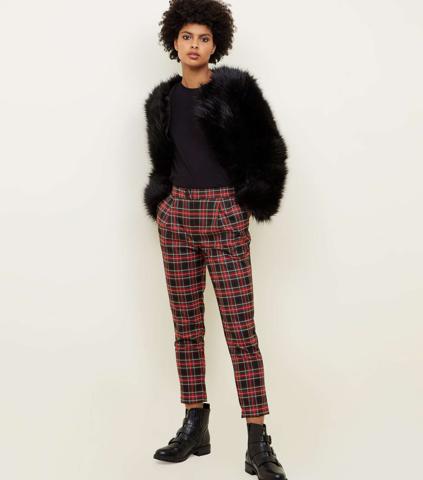 Black and Red Check Tapered Trousers