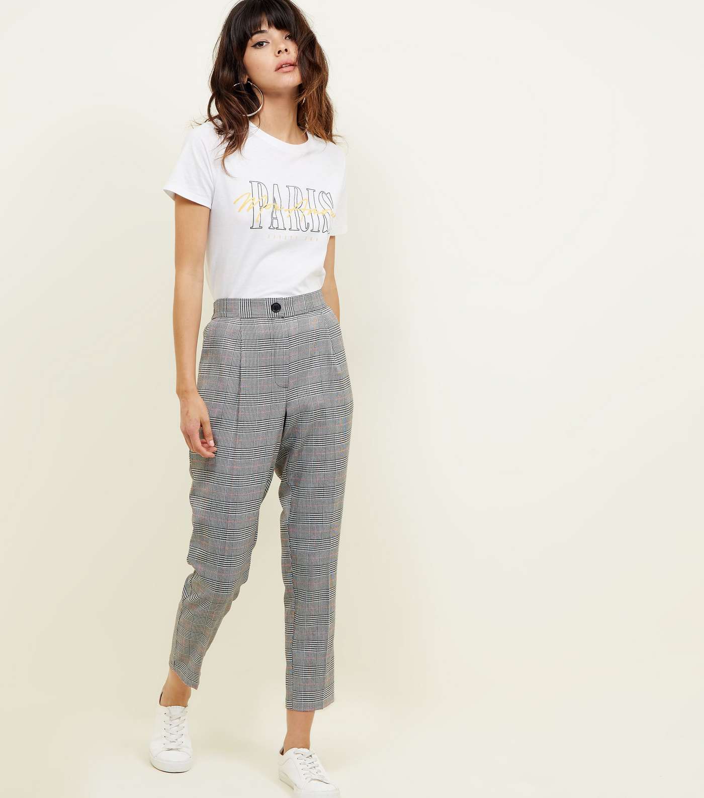 Black Check Tapered Pull-On Trousers