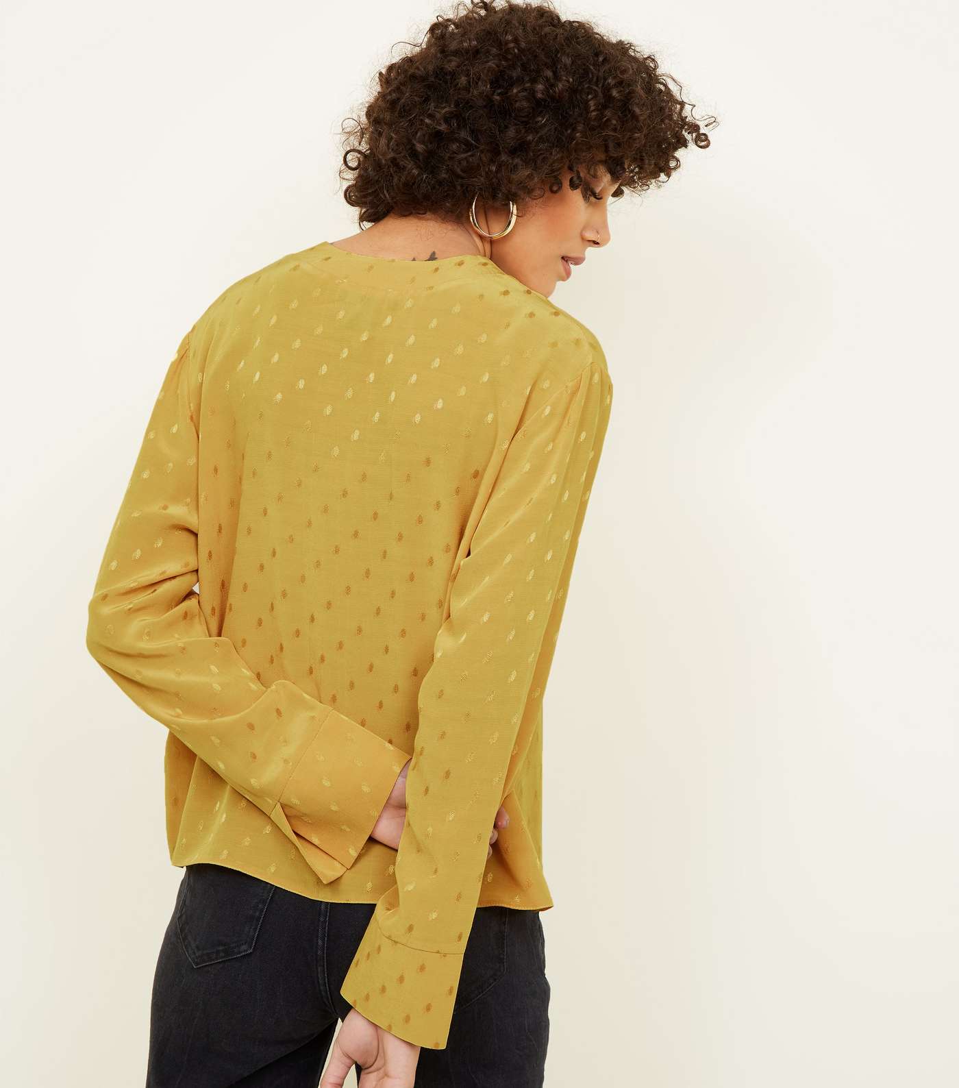 Mustard Jacquard Spot V-Neck Shirt Image 3