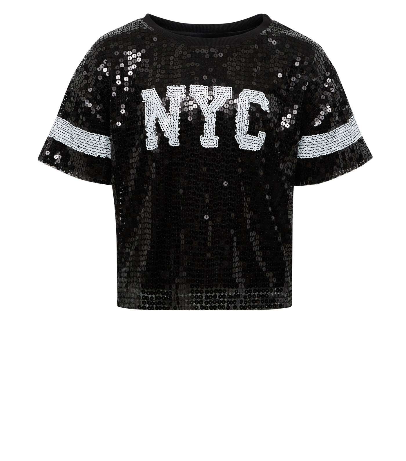 Girls Black Sequin New York Sleeve Stripe T-Shirt Image 4