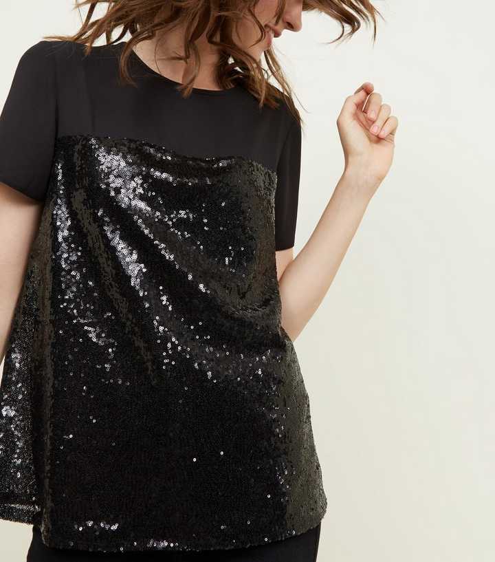 Black Chiffon Yoke Sequin T-Shirt