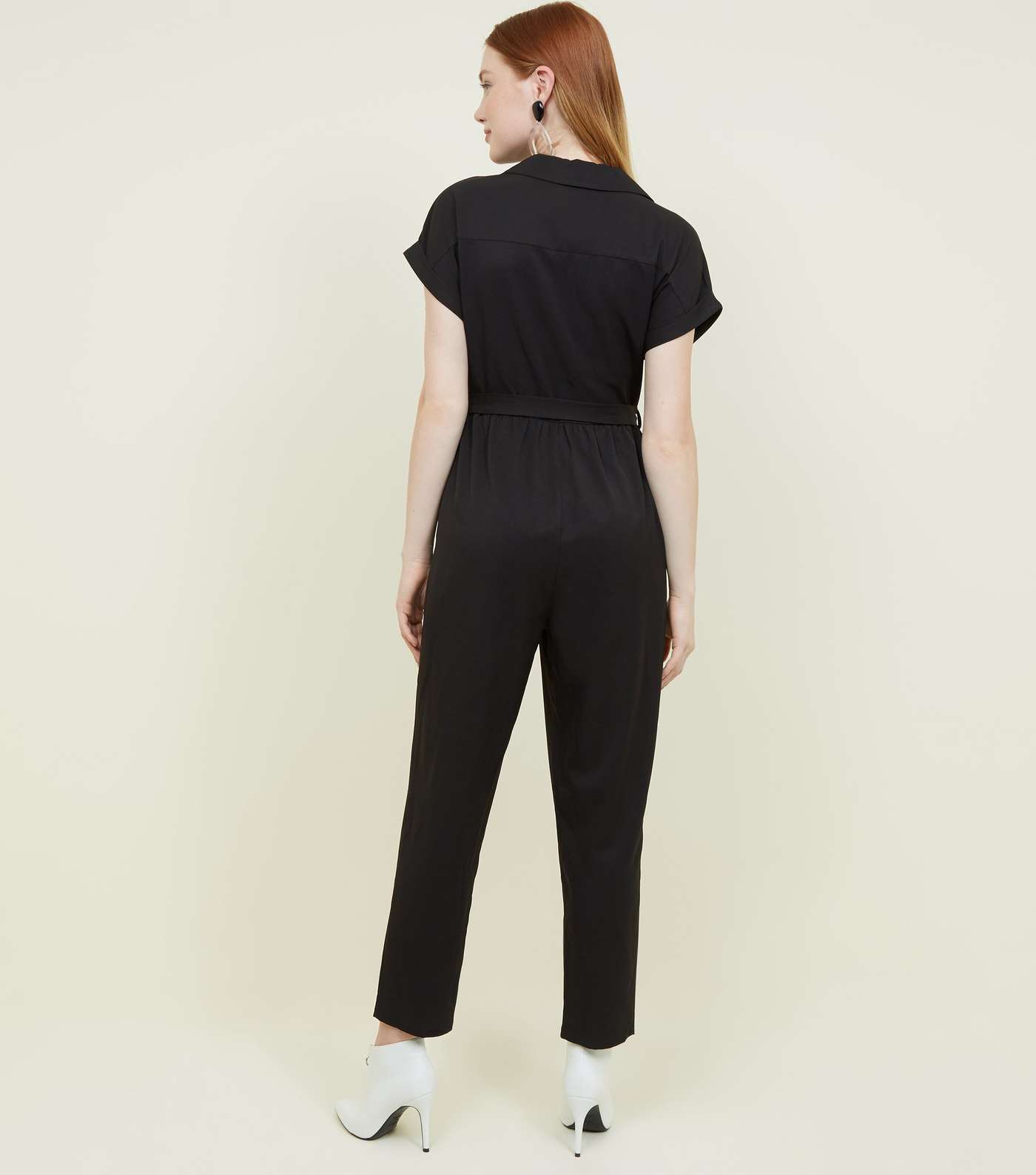 Black Twill Button Front Utility Jumpsuit  Image 3