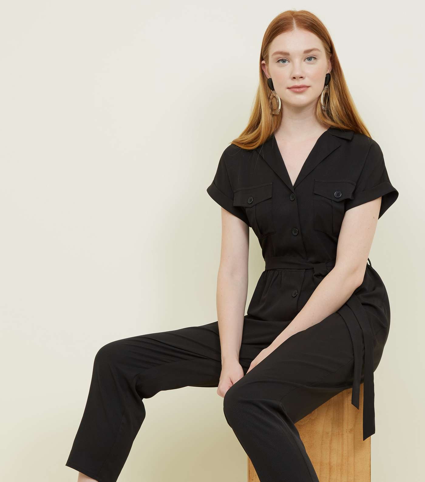 Black Twill Button Front Utility Jumpsuit  Image 5