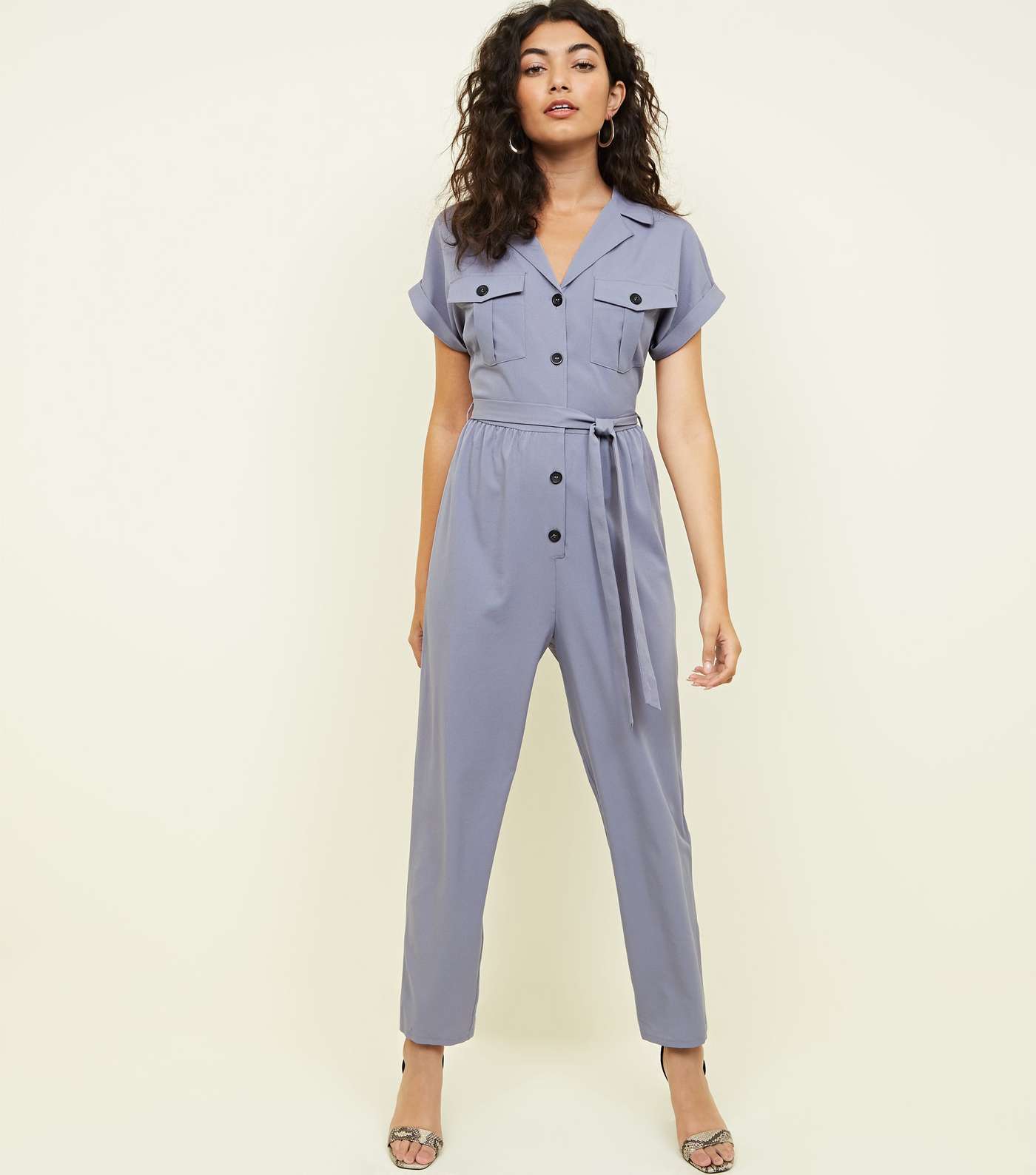Grey Twill Button Front Utility Jumpsuit 