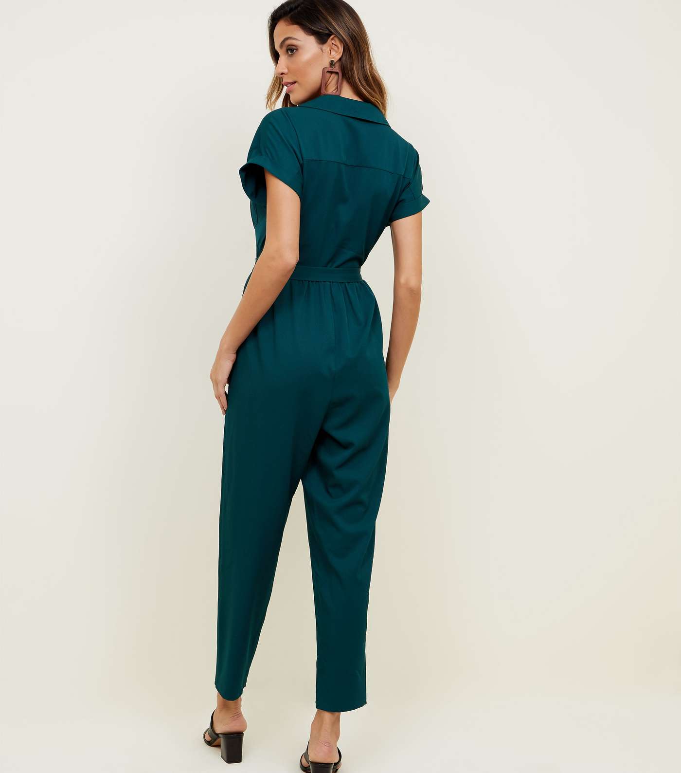 Dark Green Twill Button Front Utility Jumpsuit  Image 4