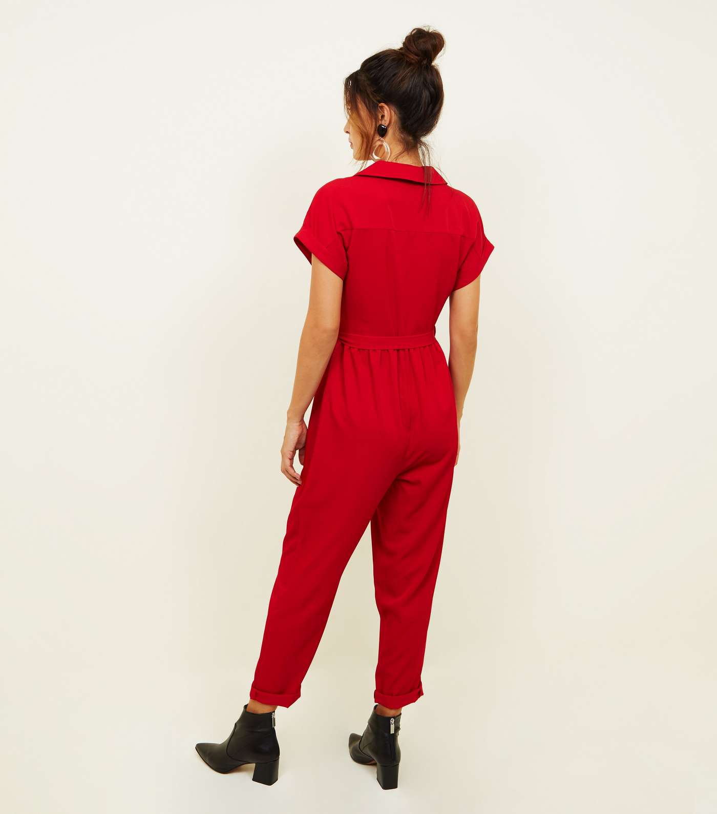 Red Twill Button Front Utility Jumpsuit  Image 2