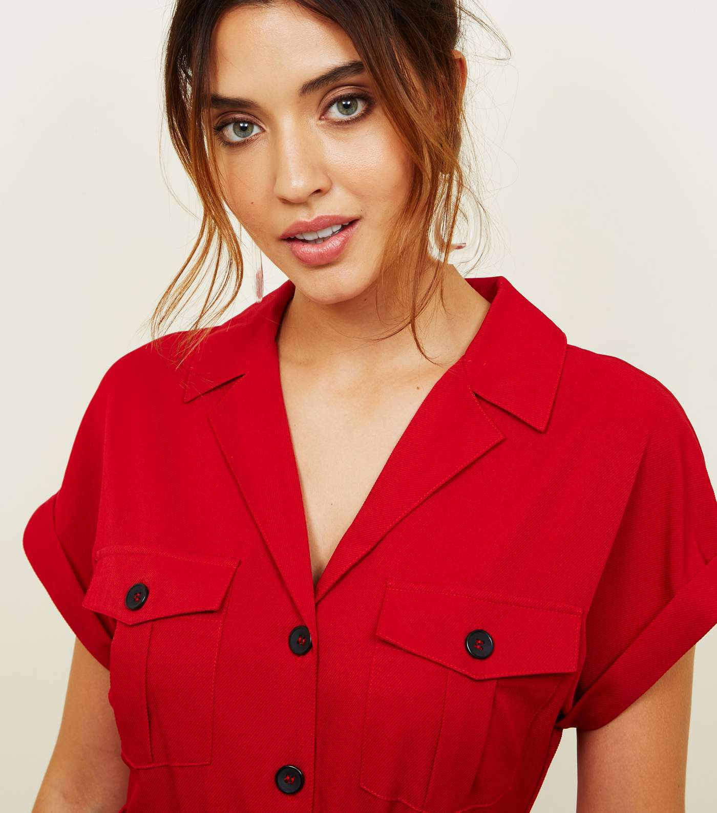 Red Twill Button Front Utility Jumpsuit  Image 4