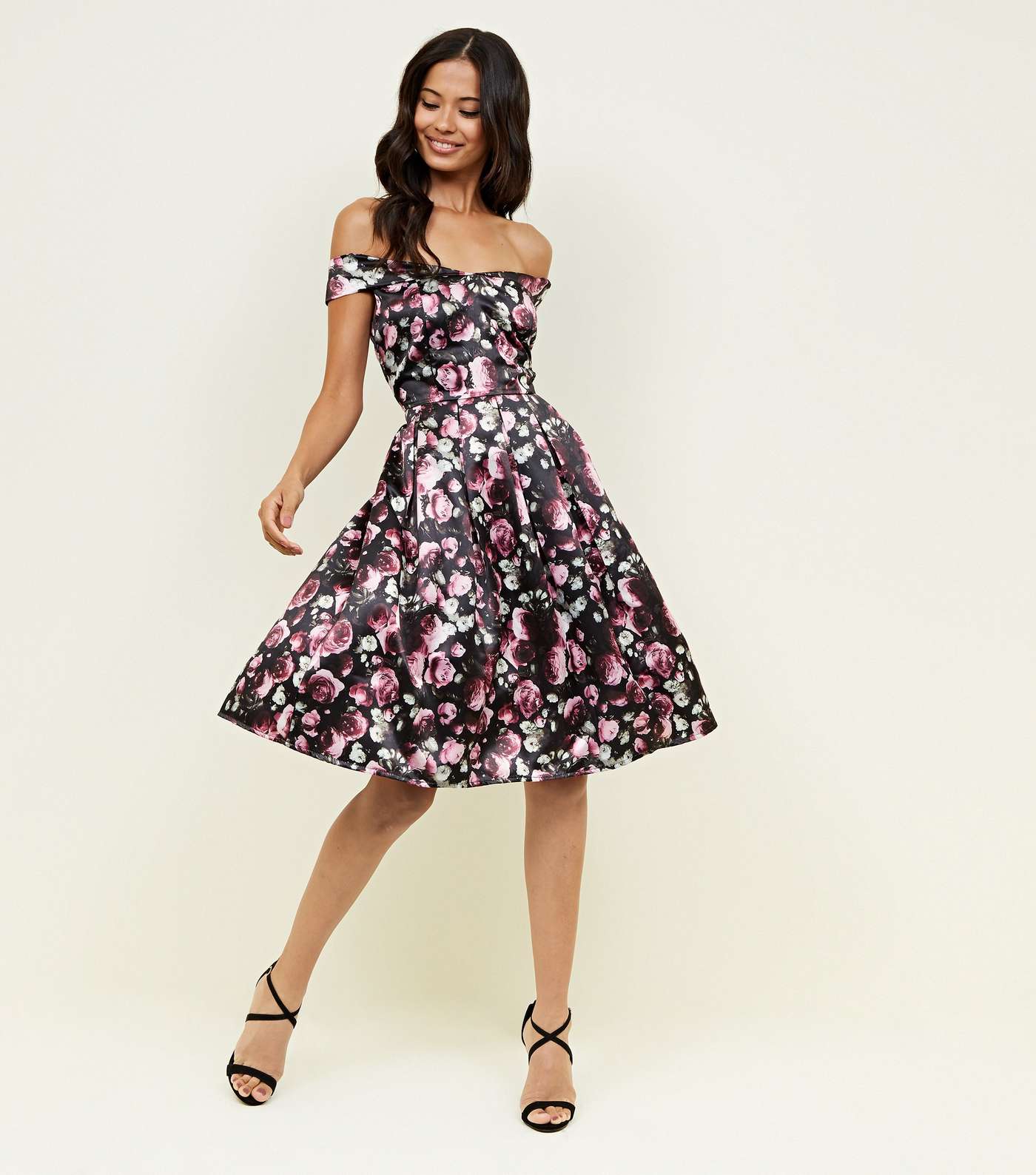 Mela Black Floral Bardot Prom Dress  Image 2