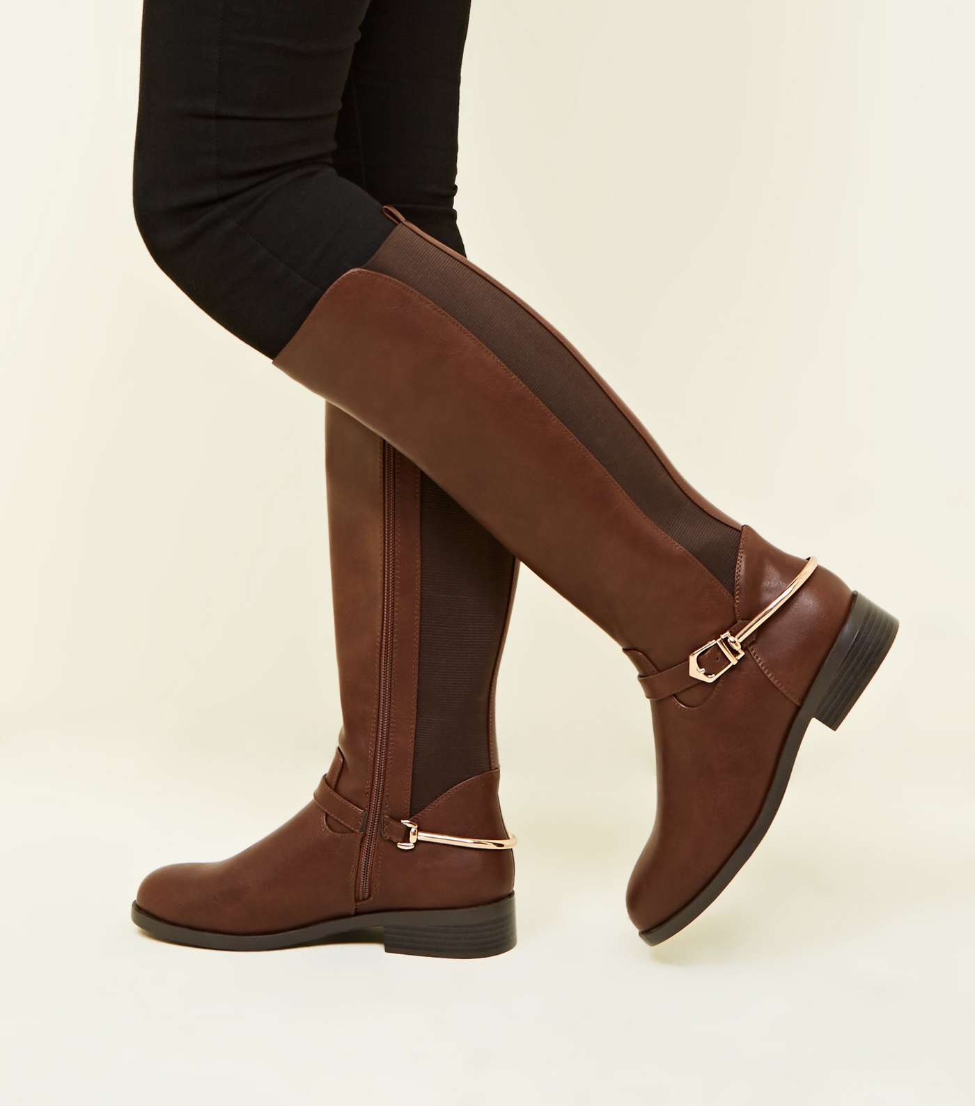 Wide Fit Tan Metal Stirrup Knee High Boots Image 2