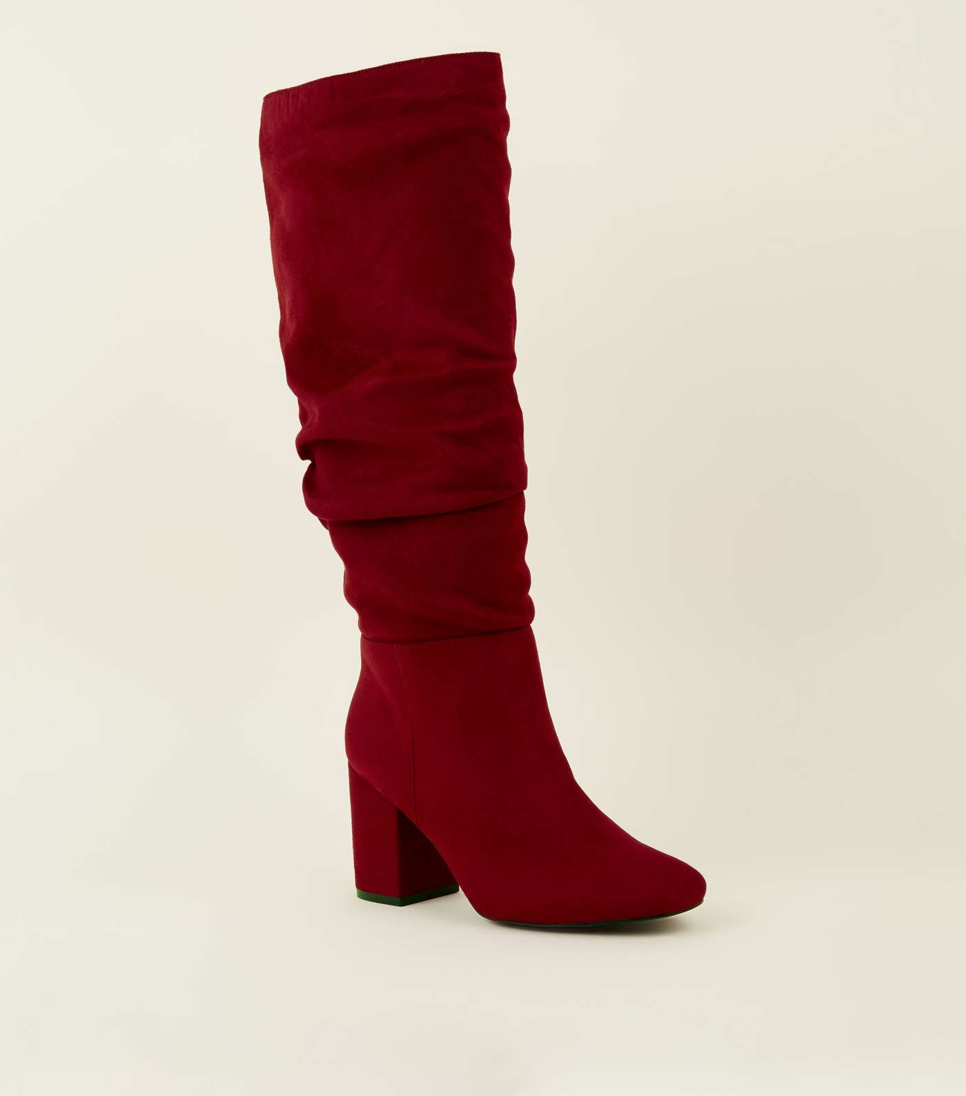 Wide Fit Red Ruched Block Heel Knee High Boots