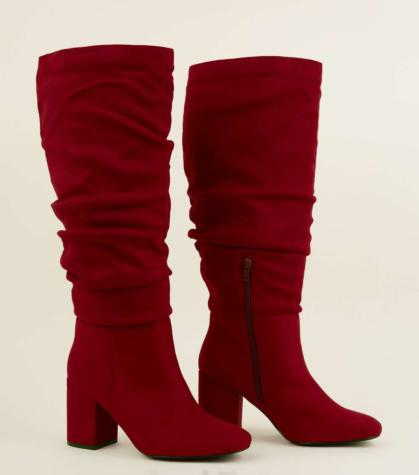 Wide Fit Red Ruched Block Heel Knee High Boots Image 3
