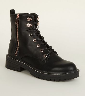 new look chunky flat hiker boots in black