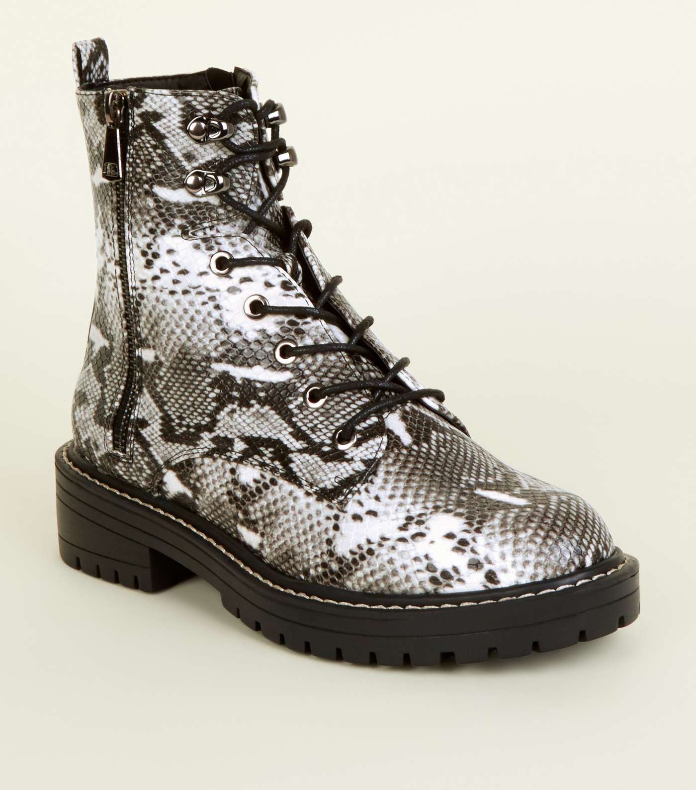 Black Faux Snake Lace-Up Hiker Boots