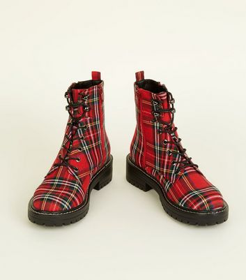Red Tartan Lace-Up Hiker Boots | New Look