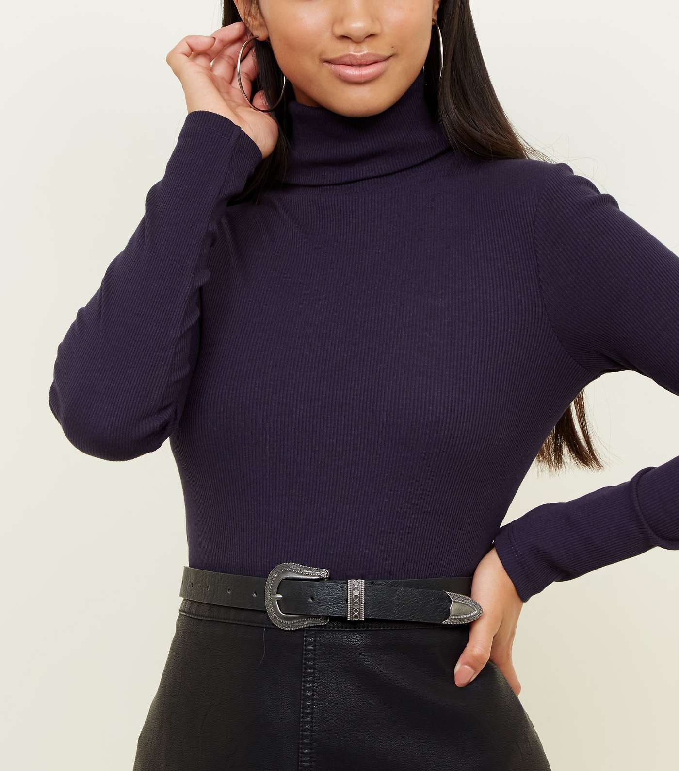Petite Navy Roll Neck Long Sleeve Top Image 5