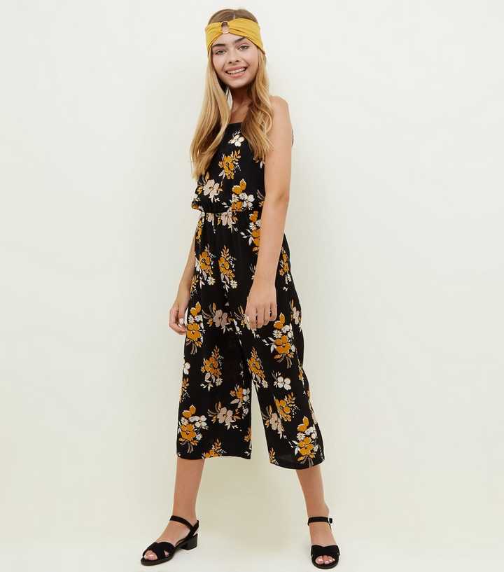 Girls Black Floral Crepe Square Neck Jumpsuit
