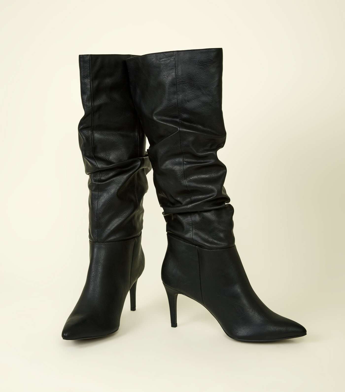 Black Leather-Look Knee High Stiletto Slouch Boots Image 4