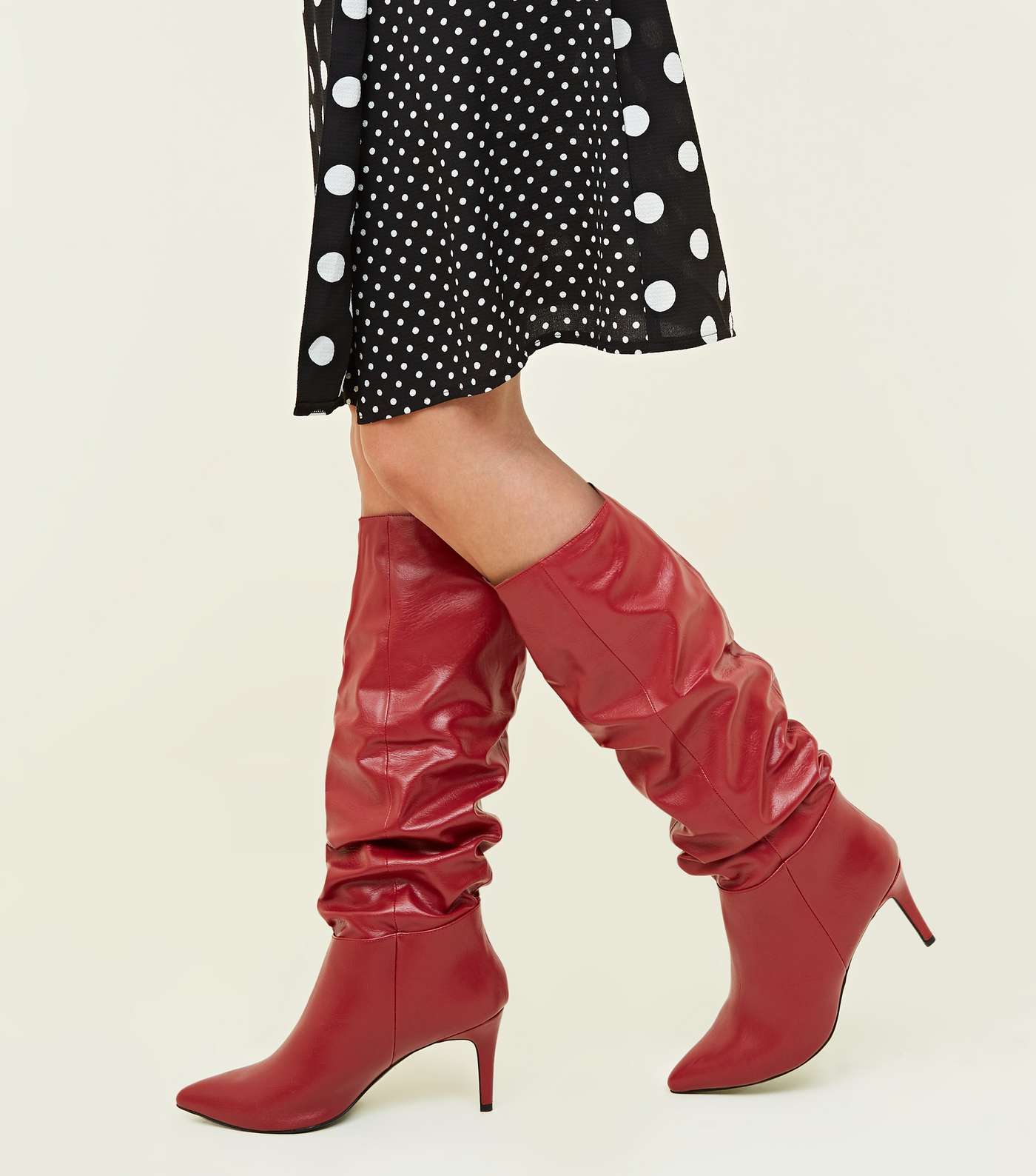 Red Leather-Look Knee High Stiletto Slouch Boots Image 2