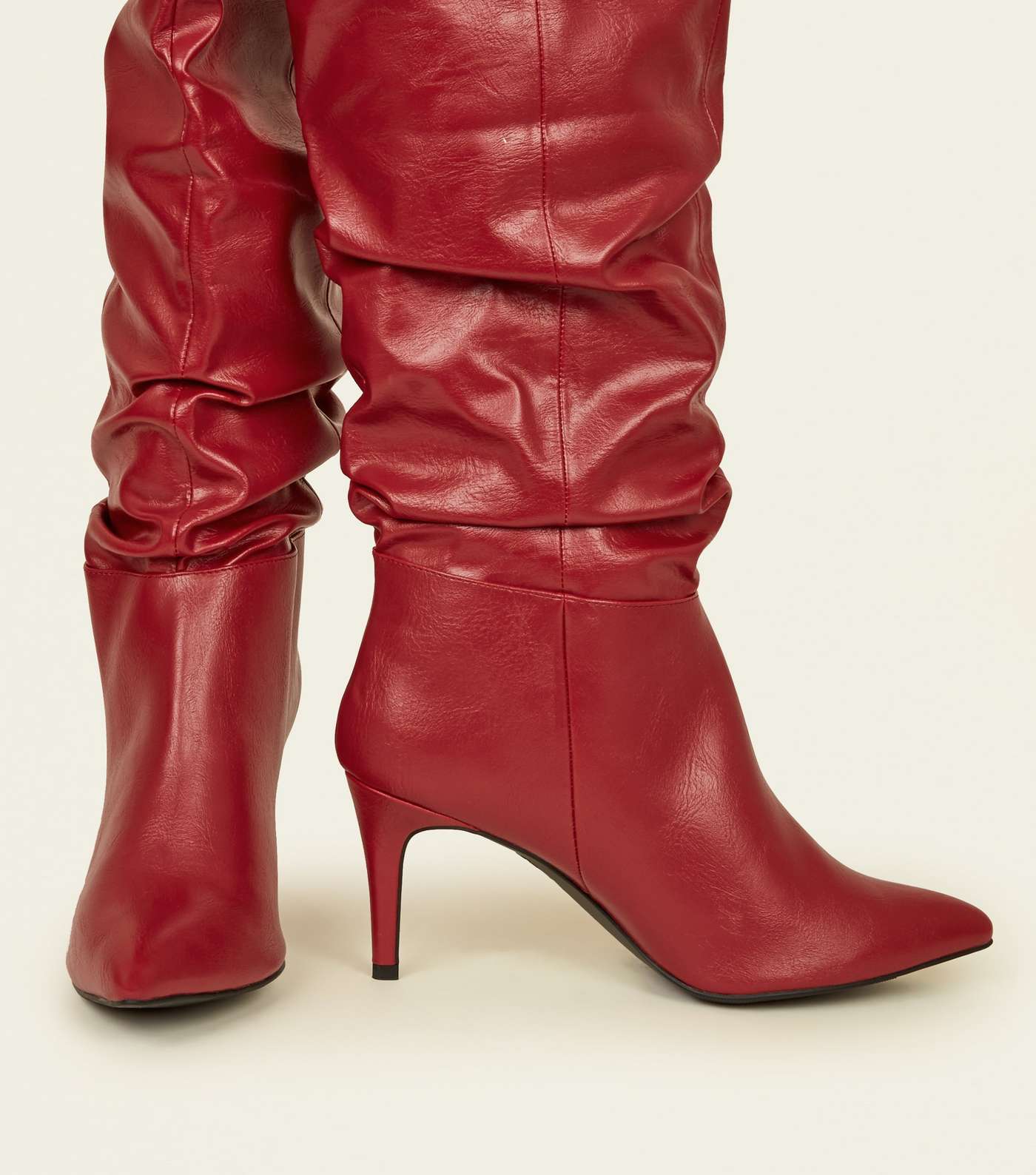 Red Leather-Look Knee High Stiletto Slouch Boots Image 4