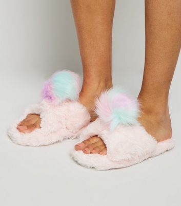 Girls Pink Fluffy Pom Pom Mule Slippers 