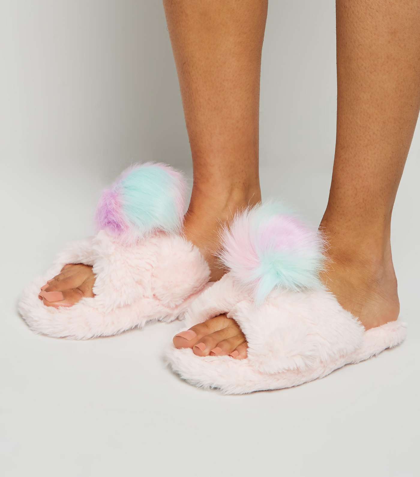 Girls Pink Fluffy Pom Pom Mule Slippers Image 2
