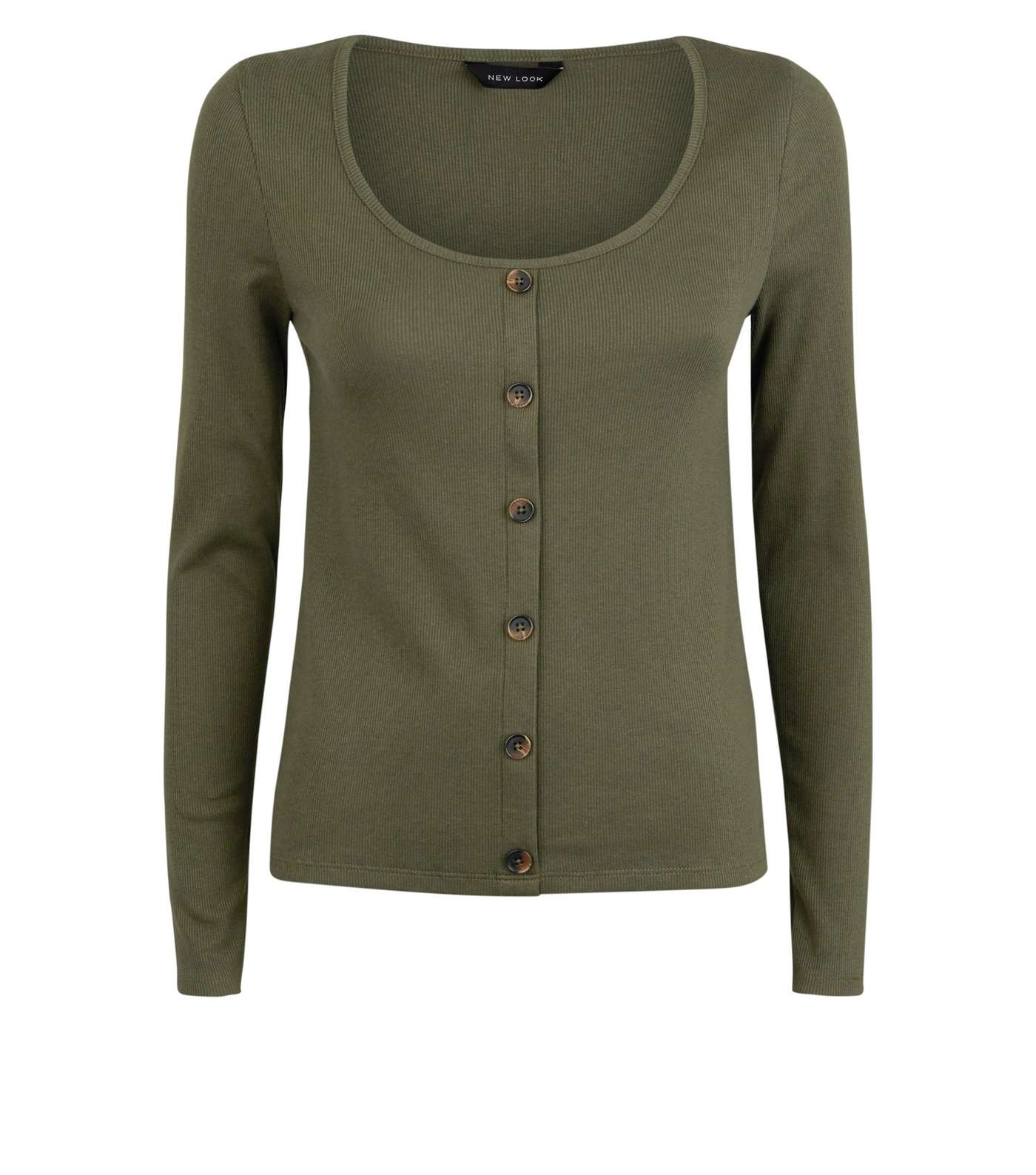 Khaki Ribbed Button Front Long Sleeve Top  Image 4