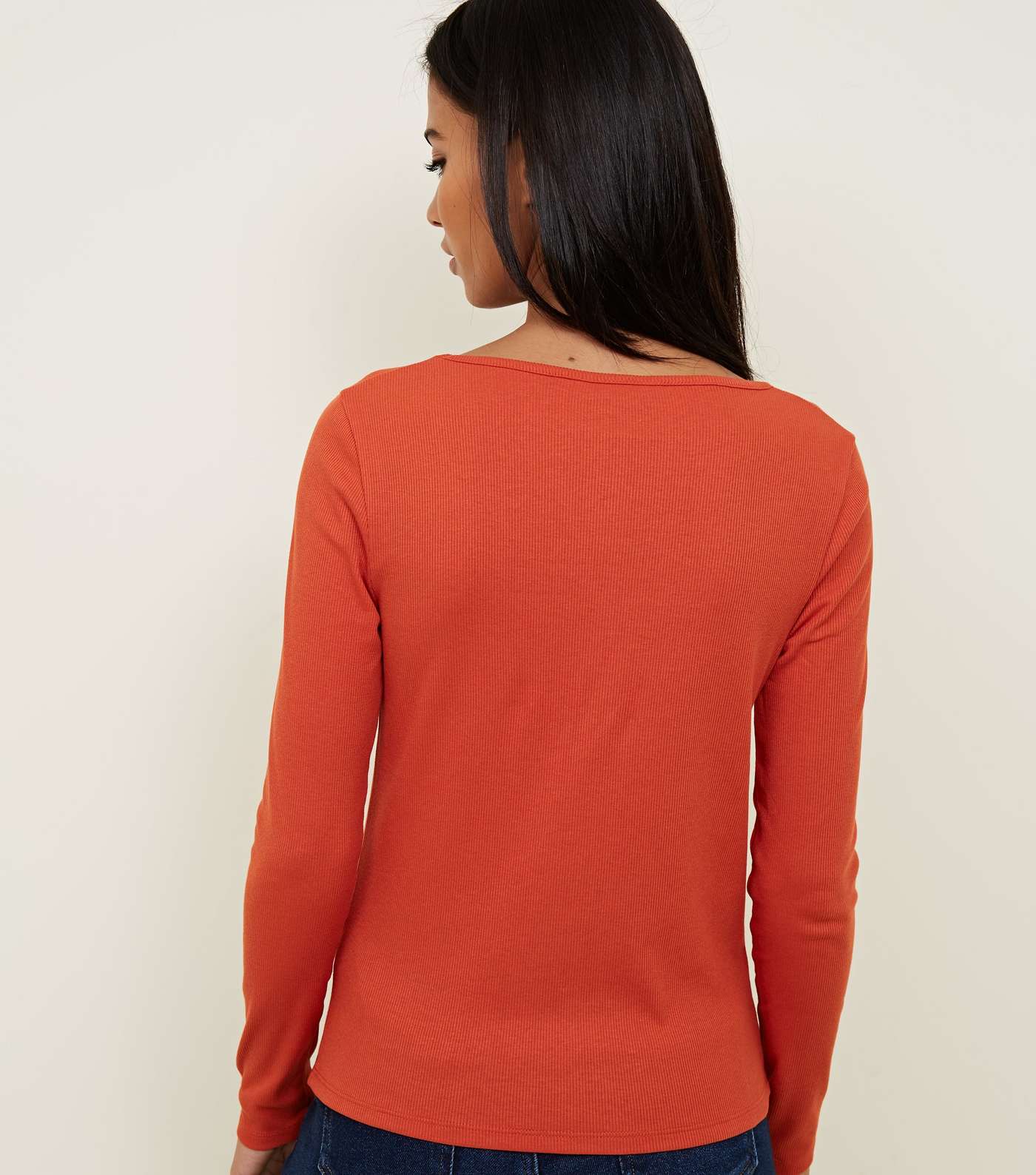 Orange Ribbed Button Front Long Sleeve Top Image 5