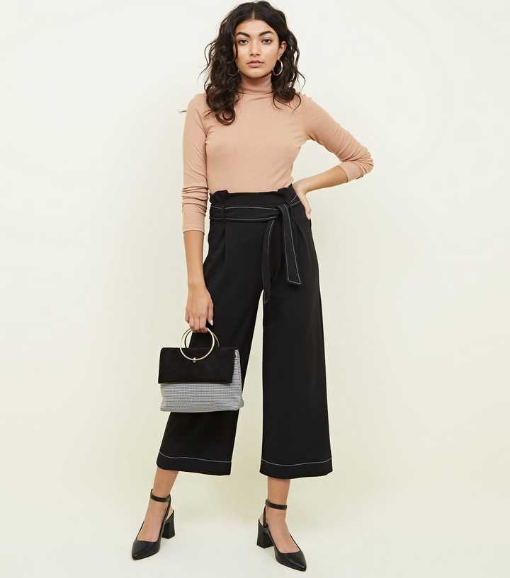 Black Contrast Stitch Paperbag Waist Cropped Trousers