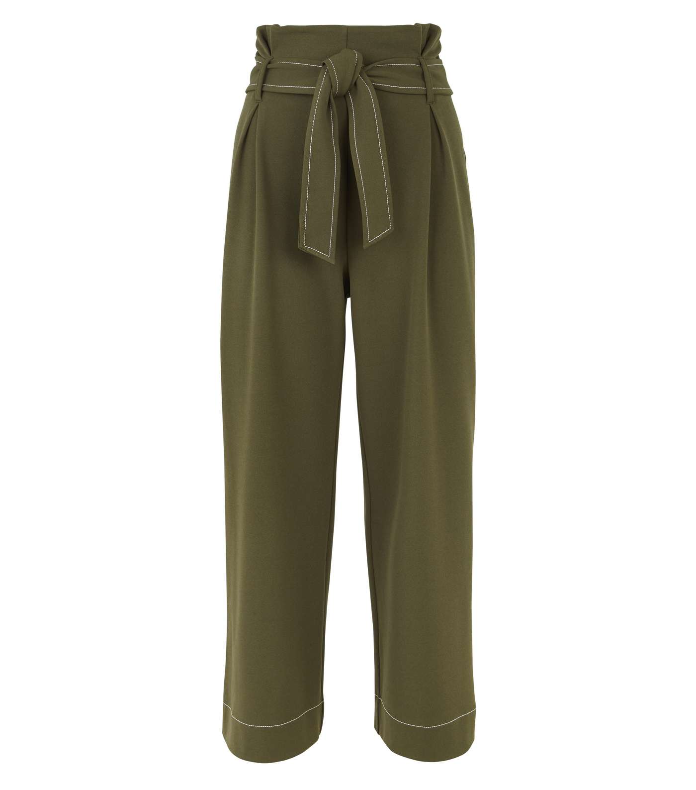 Khaki Contrast Stitch Paperbag Cropped Trousers Image 4