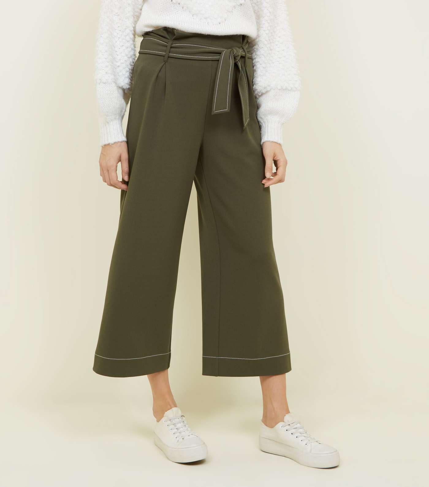 Khaki Contrast Stitch Paperbag Cropped Trousers Image 2