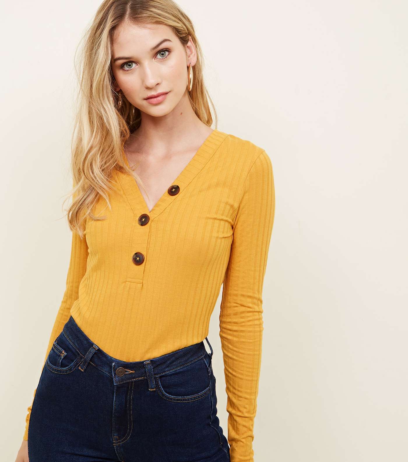 Mustard Wide Ribbed Button Front Top