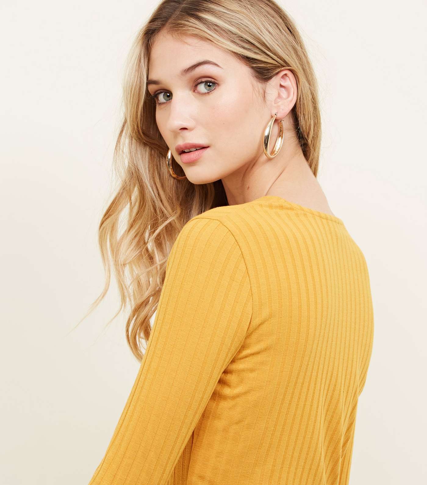 Mustard Wide Ribbed Button Front Top Image 3