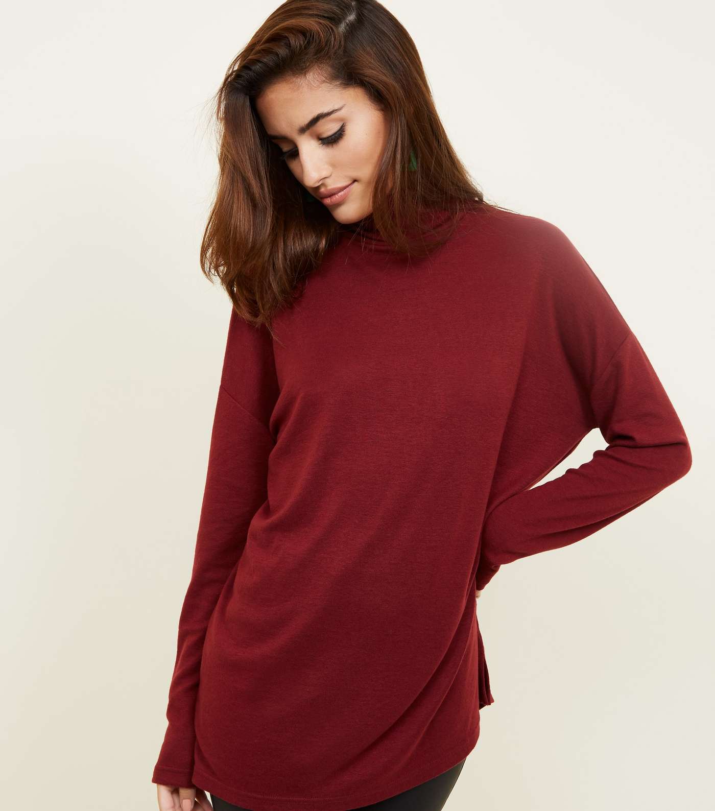 Burgundy Batwing Sleeve Roll Neck Top