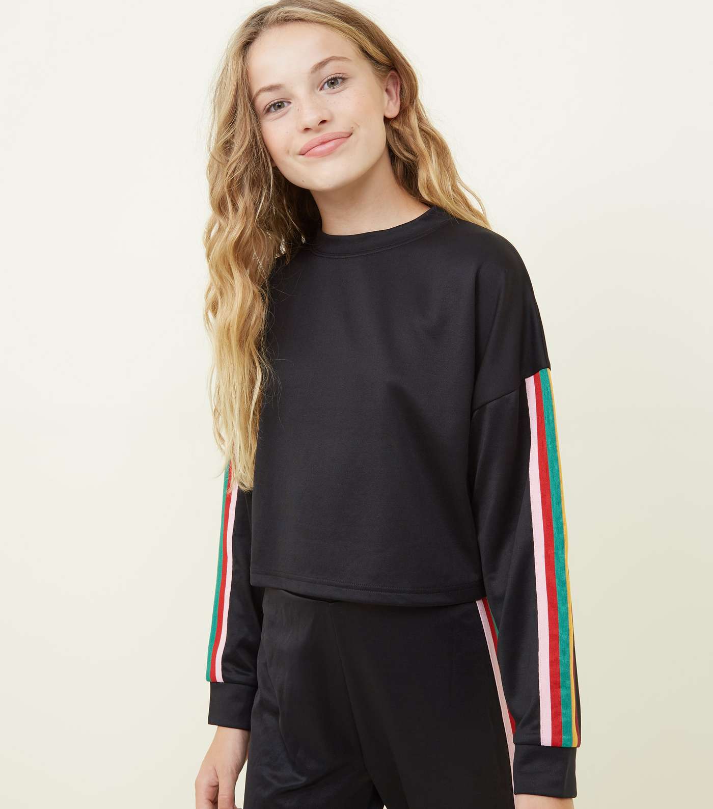 Girls Black Rainbow Stripe Sleeve Sweatshirt