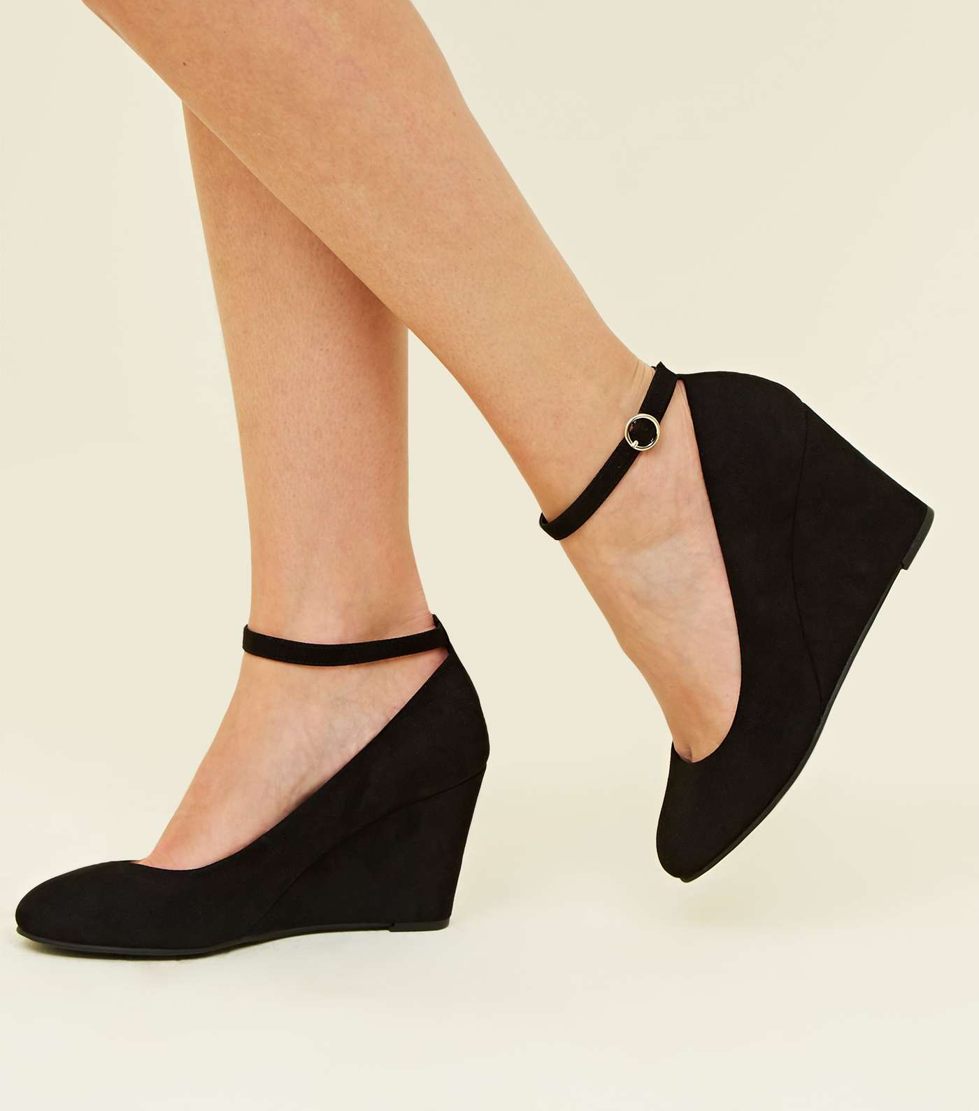 Black Comfort Suedette Ankle Strap Wedges Image 2