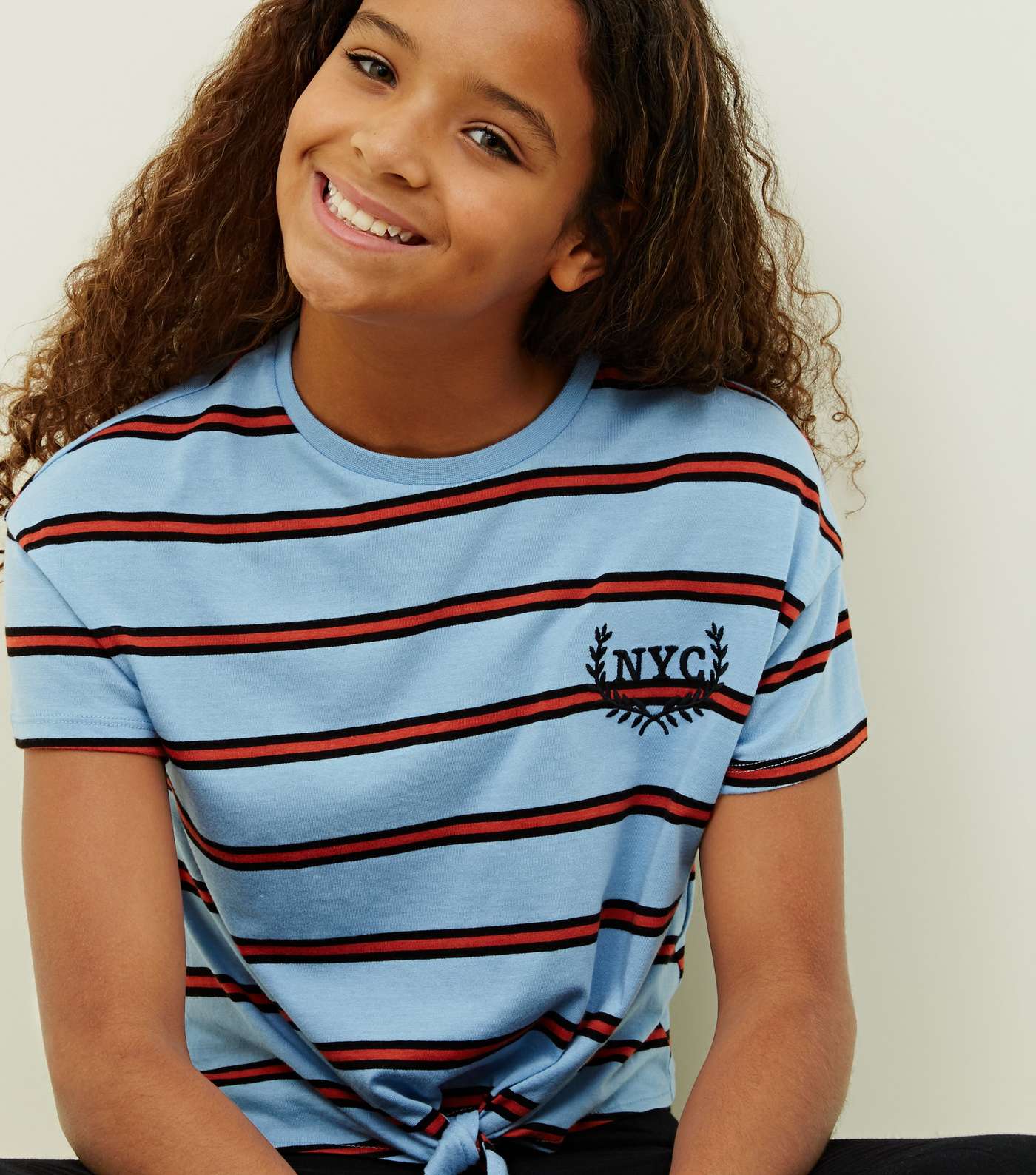 Girls Blue Stripe NYC Logo Tie Front T-Shirt Image 5