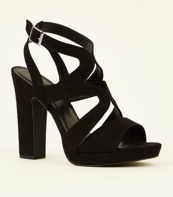 Black Suedette Strappy Platform Block Heels | New Look