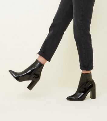 black patent block heel boots