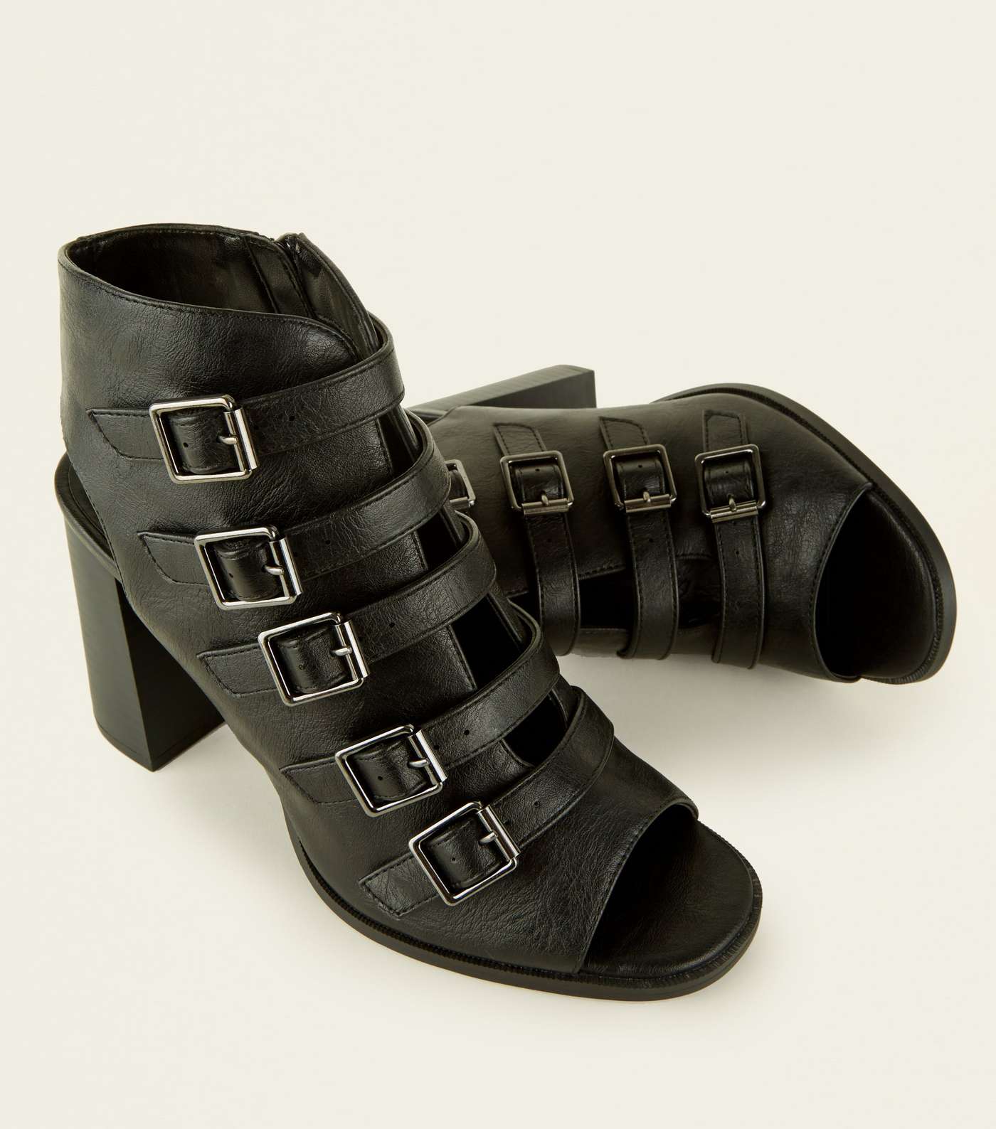 Black Strappy Buckle Cut-Out Block Heels  Image 4