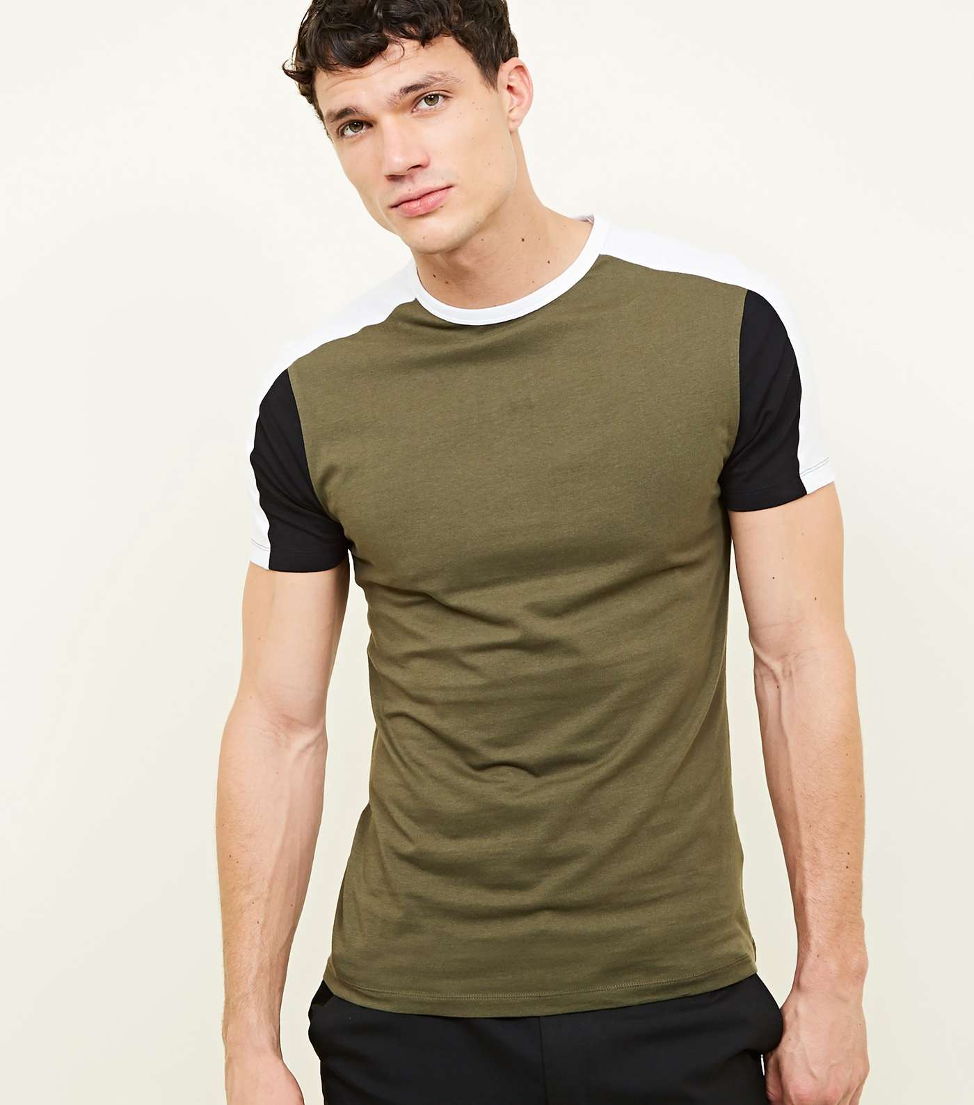 Khaki Muscle Fit Colour Block T-Shirt