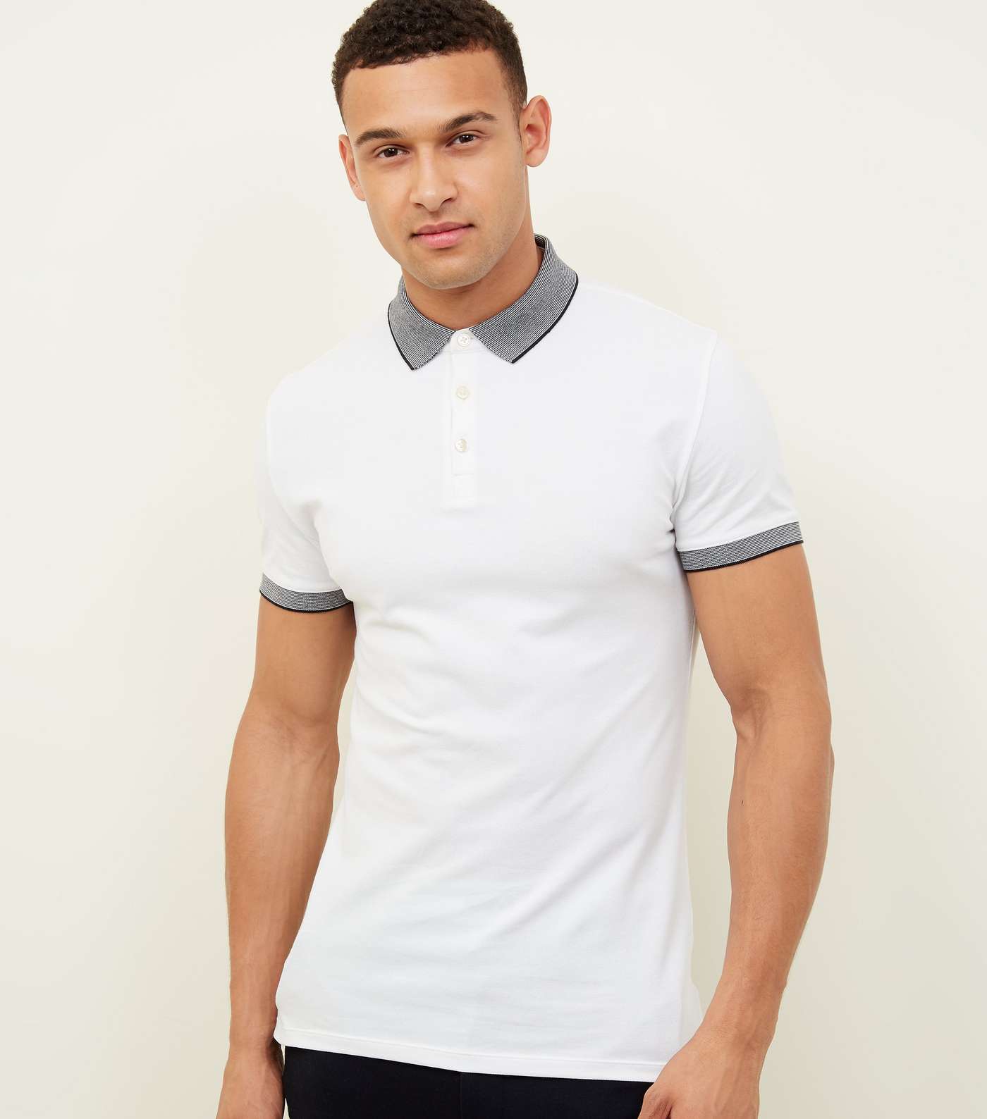 White Stripe Collar Muscle Fit Polo Shirt