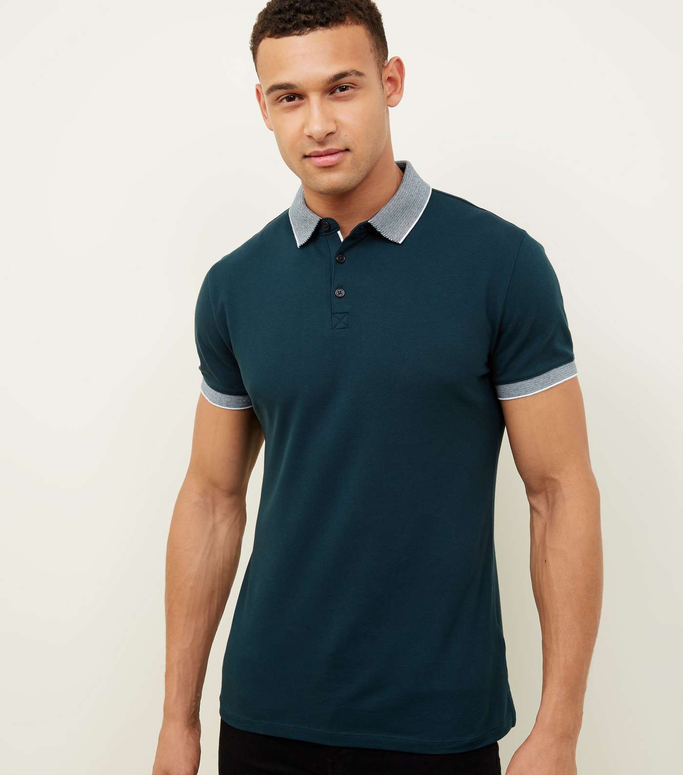 Teal Stripe Collar Muscle Fit Polo Shirt