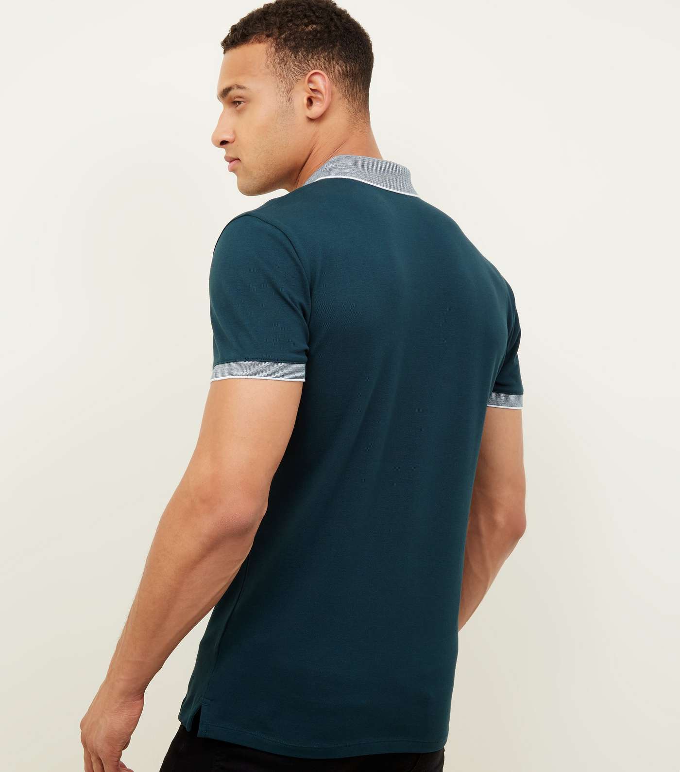 Teal Stripe Collar Muscle Fit Polo Shirt Image 3
