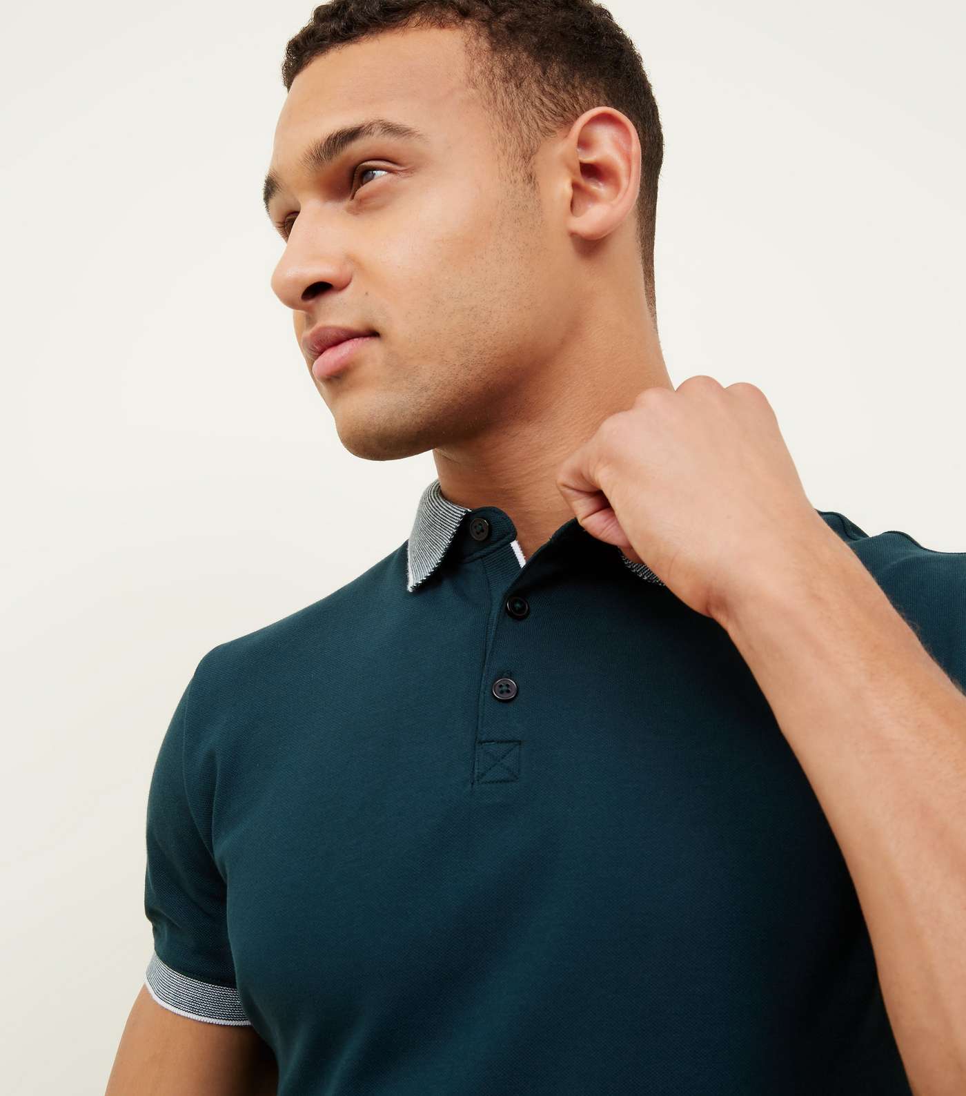 Teal Stripe Collar Muscle Fit Polo Shirt Image 5