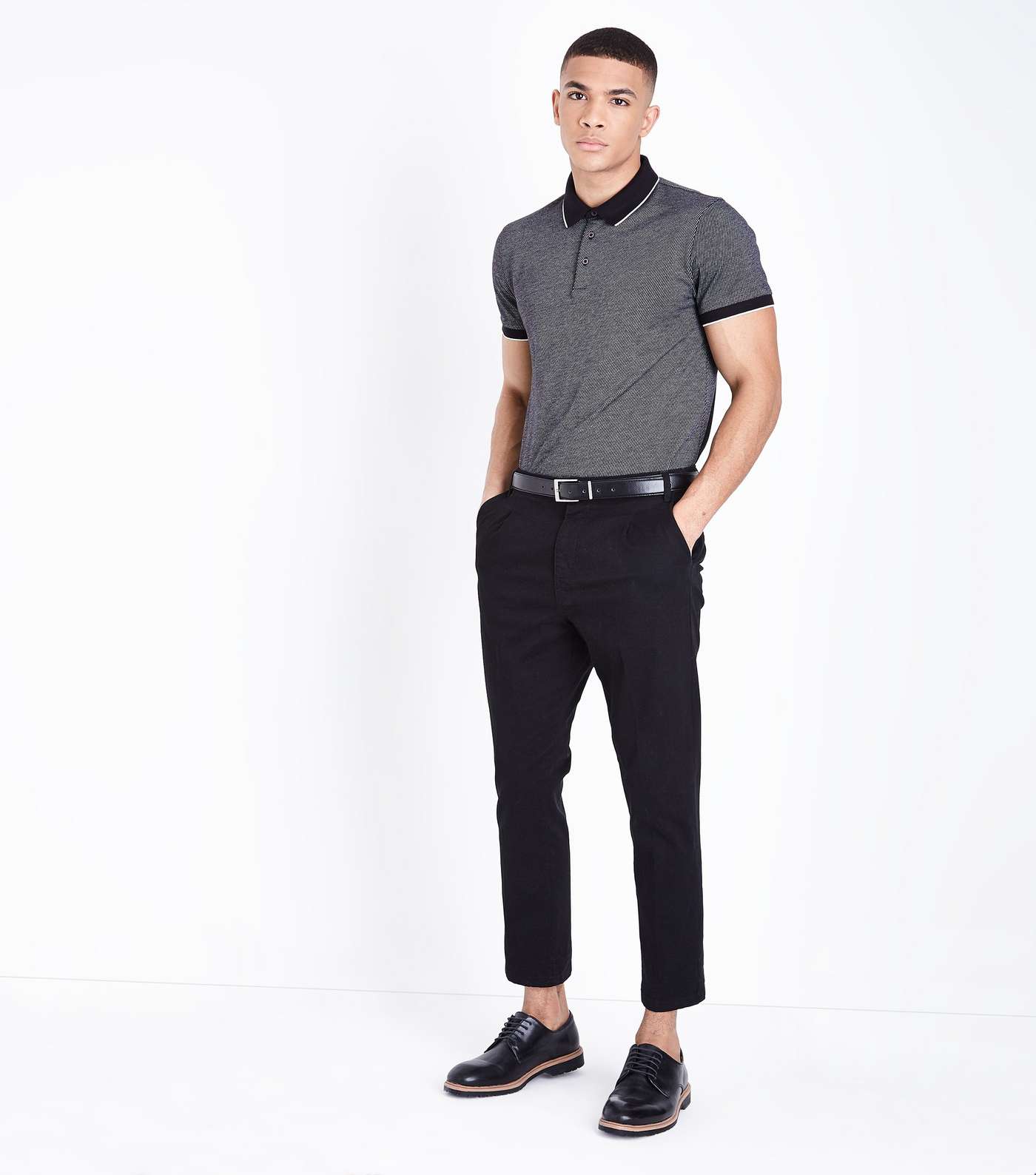 Black Tipped Collar Jacquard Polo Shirt Image 5