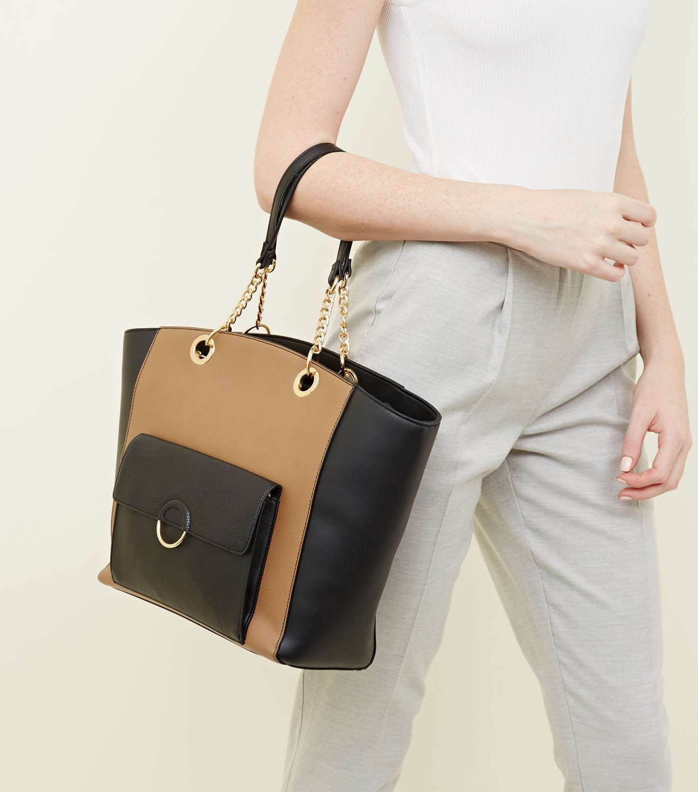 Camel Leather-Look Block Ring Front Tote Bag Image 2
