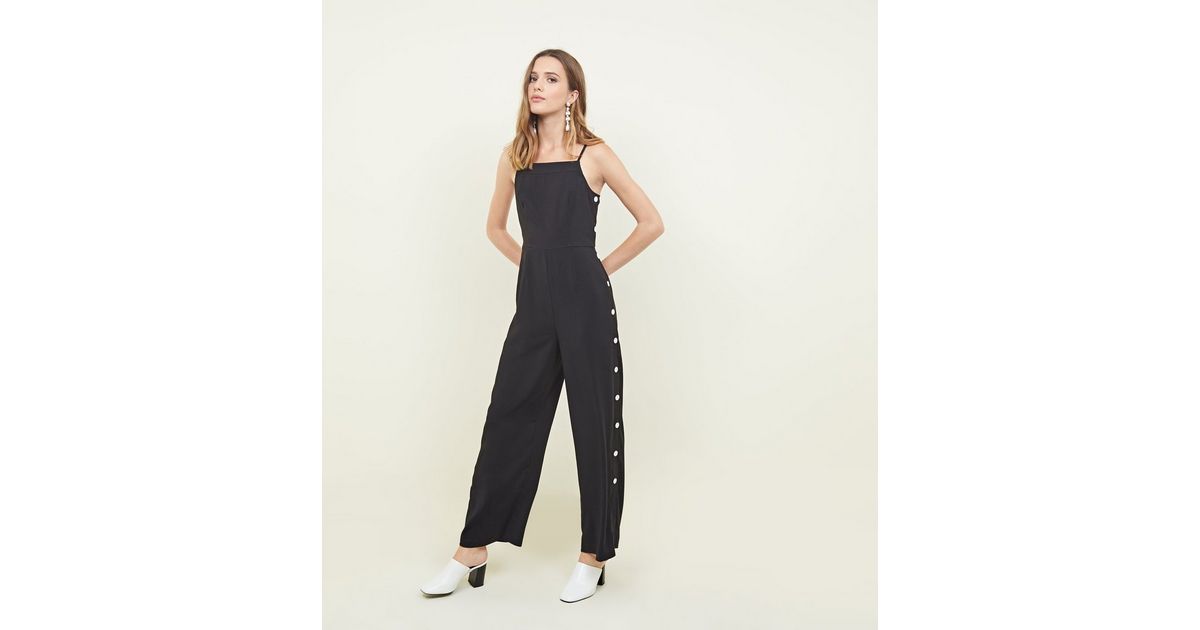 Black Strappy Button Jumpsuit | New Look